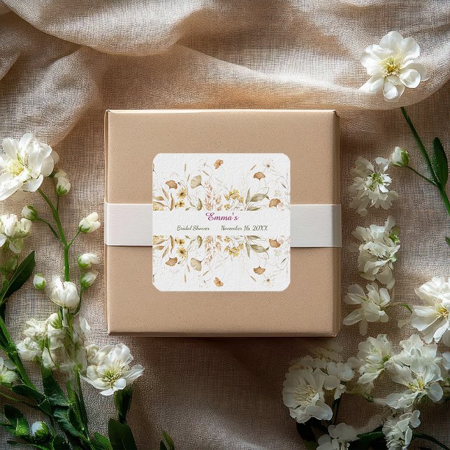 Rustic Botanical Bridal Shower Customize Paper Square Sticker (Creator Uploaded)