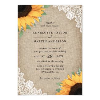 Rustic Botanical Burlap and Lace Sunflower Wedding Invitation