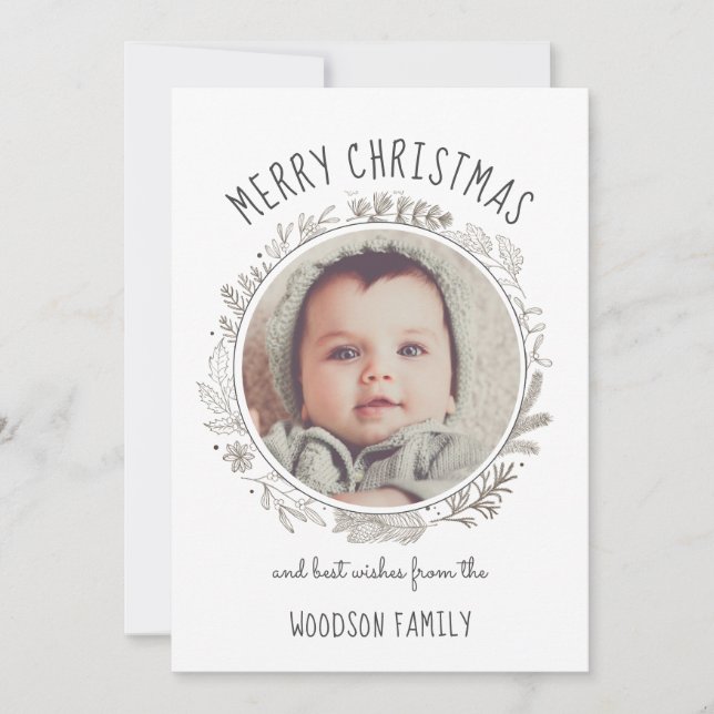 Rustic Botanical Circle Photo Merry Christmas Card (Front)