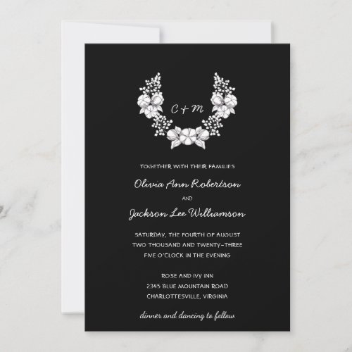 Rustic Botanical Cotton Wreath  Monogram Wedding  Invitation