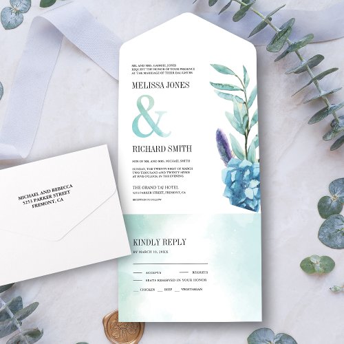 Rustic Botanical Dusty Blue Floral Wedding All In One Invitation