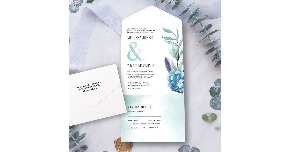Rustic Botanical Dusty Blue Floral Wedding All In One Invitation | Zazzle