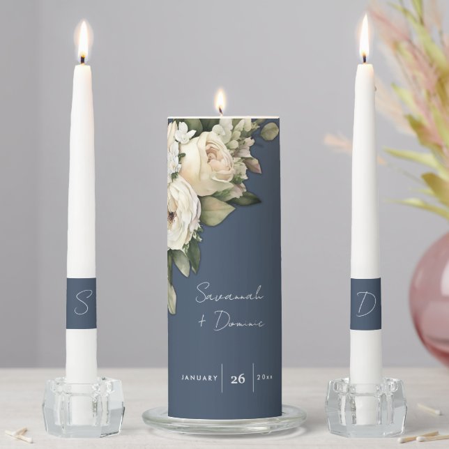 Rustic Botanical Dusty Blue Monogrammed Wedding Unity Candle Set (In Situ)