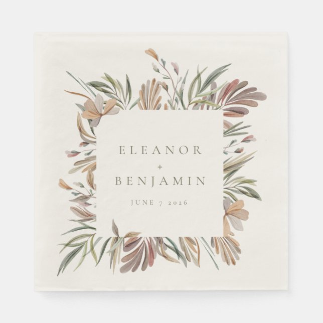Rustic Botanical Earth Tones Wedding Names Custom Napkins (Front)