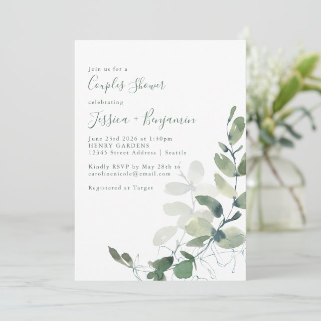 Rustic Botanical Eucalyptus Couples Shower Invitation (Standing Front)