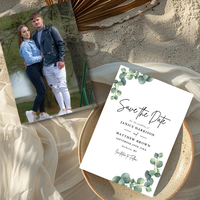 Rustic Botanical Eucalyptus Greenery Photo Wedding Save The Date (Creator Uploaded)