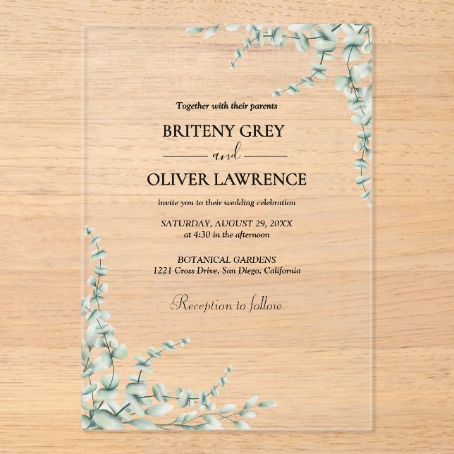 Rustic Botanical Eucalyptus Greenery Wedding Acrylic Invitations (Front)