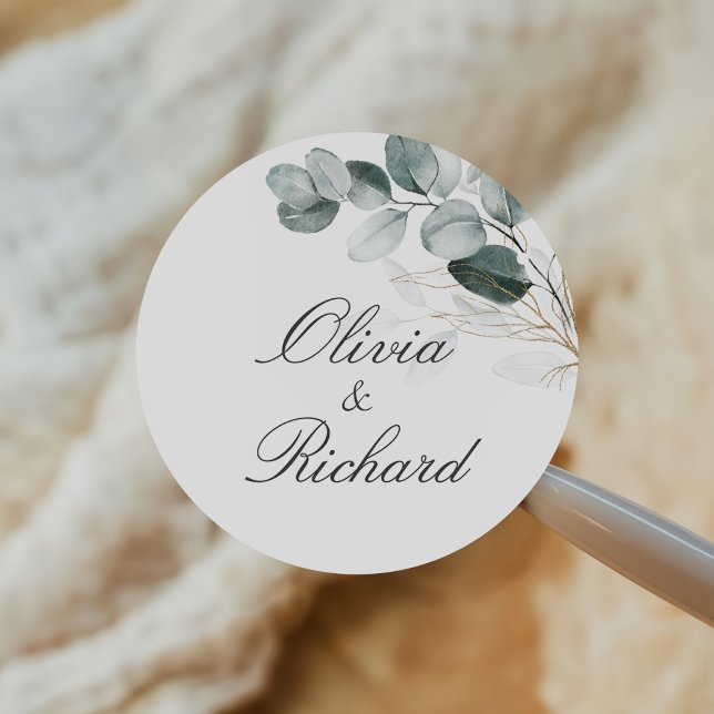 Rustic Botanical Eucalyptus Greenery Wedding Classic Round Sticker (Creator Uploaded)