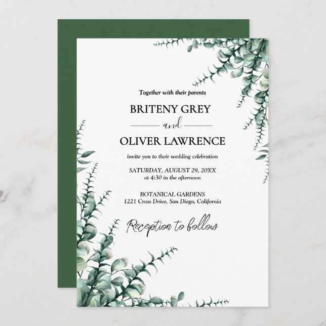 Rustic Botanical Eucalyptus Greenery Wedding Invitation (Front/Back)
