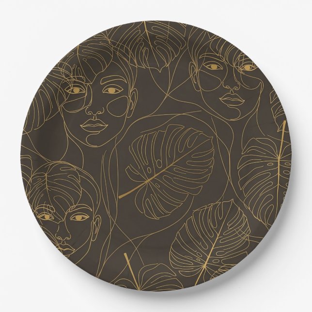 Rustic Botanical Face Line Pattern (1) Paper Plates (Front)