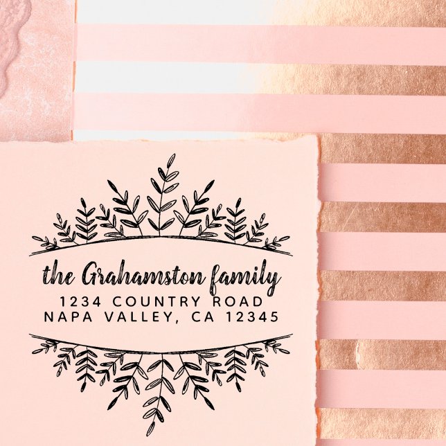 Rustic Botanical Family Name Modern Return Address Rubber Stamp (Creator Uploaded)
