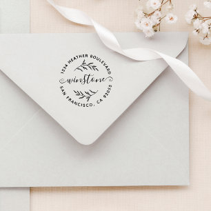 Rustic Botanical Family Name Round Return Address Rubber Stamp