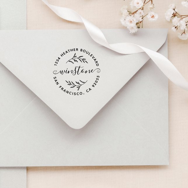 Rustic Botanical Family Name Round Return Address Rubber Stamp (Creator Uploaded)