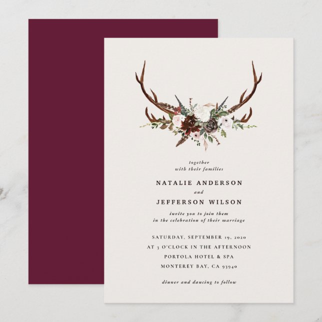 Rustic botanical, floral and stag burgundy wedding (Front/Back)