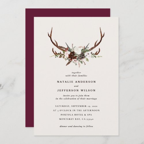 Rustic botanical floral and stag burgundy wedding