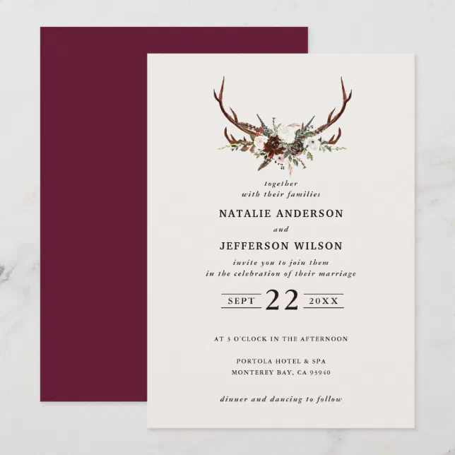 Rustic botanical, floral and stag burgundy wedding save the date | Zazzle