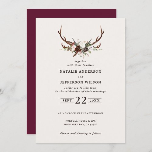 Rustic botanical floral and stag burgundy wedding save the date