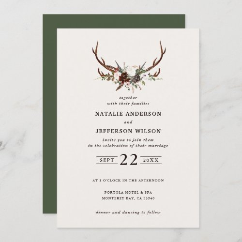Rustic botanical floral and stag green wedding save the date
