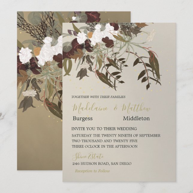 Rustic Botanical Floral Bouquet Elegant Gold Invitation (Front/Back)