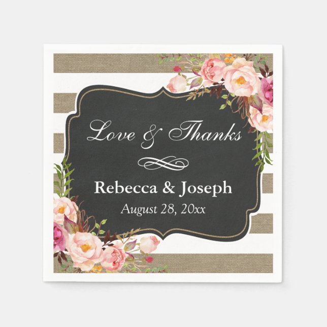 Rustic Botanical Floral Burlap Stripes Love Thanks Paper Napkins (Front)