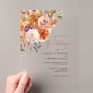 Rustic Botanical Floral Terracotta Fall Wedding Acrylic Invitations
