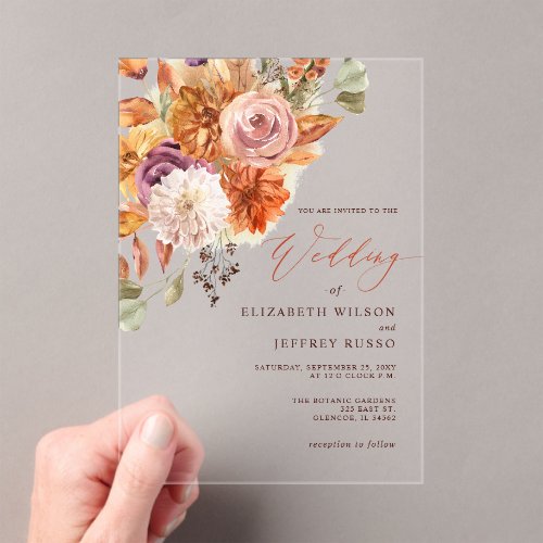 Rustic Botanical Floral Terracotta Fall Wedding Acrylic Invitations