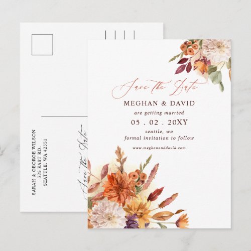 Rustic Botanical Floral Terracotta Fall Wedding Announcement Postcard