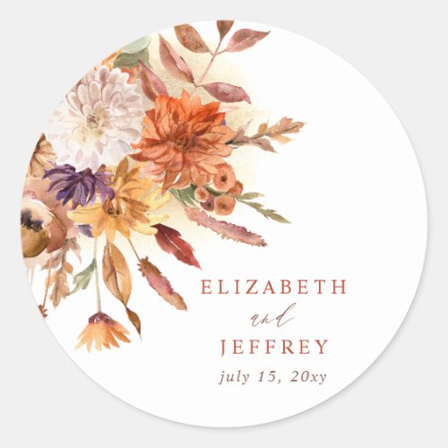 Rustic Botanical Floral Terracotta Fall Wedding Classic Round Sticker