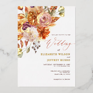 Rustic Botanical Floral Terracotta Fall Wedding Foil Invitation