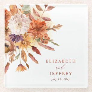 Rustic Botanical Floral Terracotta Fall Wedding Glass Coaster