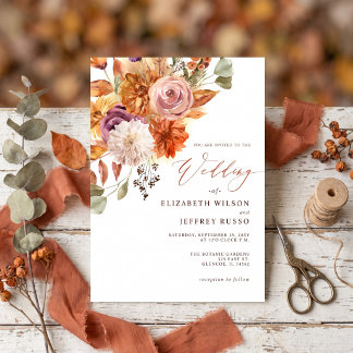 Rustic Botanical Floral Terracotta Fall Wedding Invitation