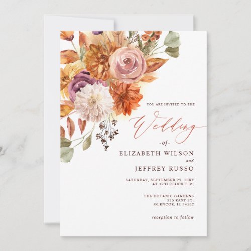 Rustic Botanical Floral Terracotta Fall Wedding Invitation