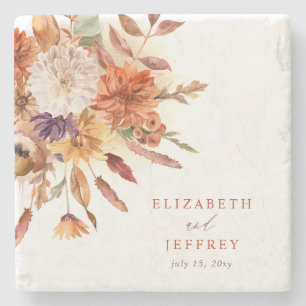 Rustic Botanical Floral Terracotta Fall Wedding Stone Coaster