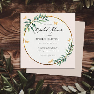 Rustic Botanical Foliage Gold Butterflies Bridal Invitation