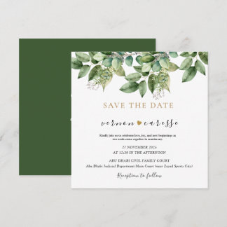 Rustic Botanical Green & Gold Foliage Wedding 1 Save The Date
