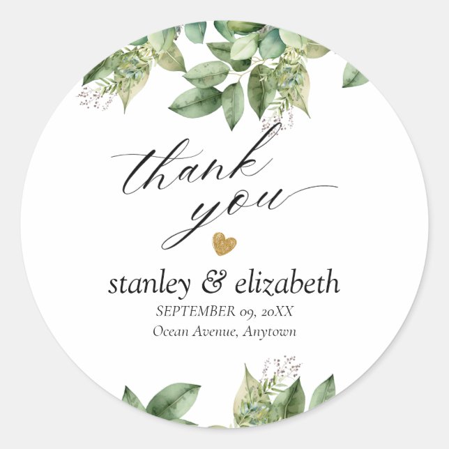 Rustic Botanical Green & Gold Foliage Wedding Classic Round Sticker (Front)