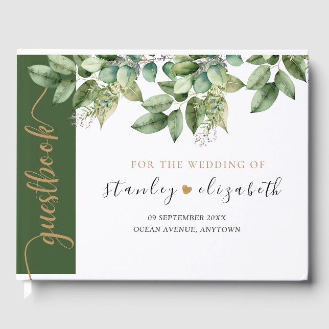 Rustic Botanical Green & Gold Foliage Wedding Guest Book (Front)