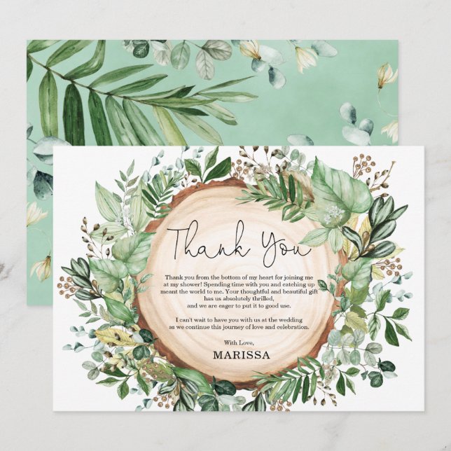 Rustic Botanical  Greenery Bridal Shower Thank You Card (Front/Back)