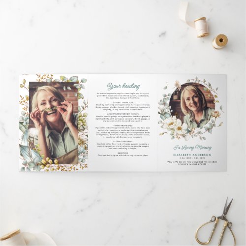 Rustic Botanical Greenery  Flowers Loving Memory Tri_Fold Program