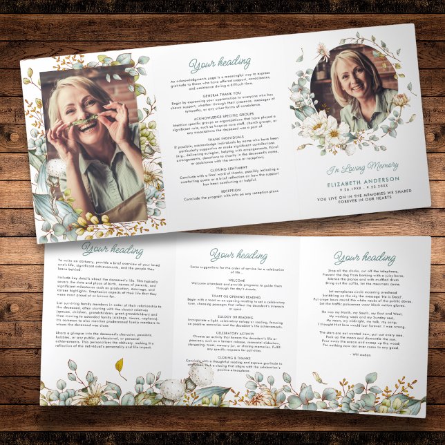 Rustic Botanical Greenery & Flowers Loving Memory Tri-Fold Program (Creator Uploaded)