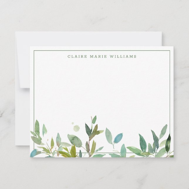 Rustic Botanical Greenery Foliage Thin Border Note Card (Front)