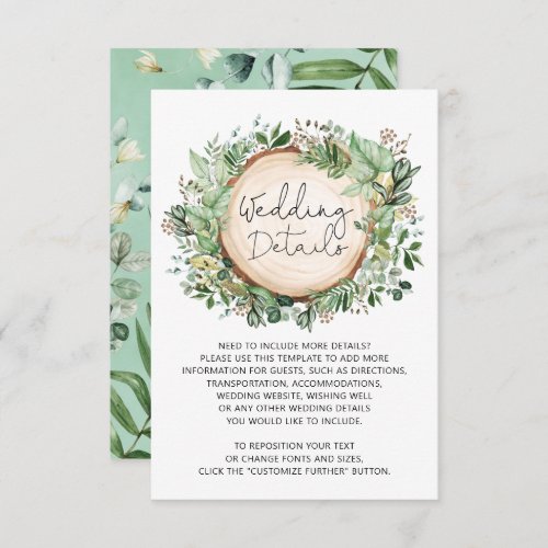 Rustic Botanical Greenery Leaves Wedding Details Enclosure Card