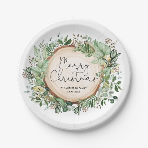 Rustic Botanical Greenery Merry Christmas Holiday Paper Plates