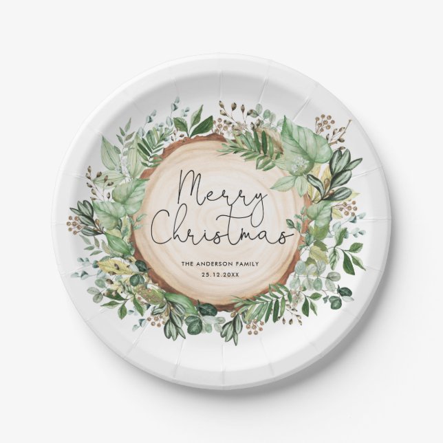 Rustic Botanical Greenery Merry Christmas Holiday Paper Plates (Front)