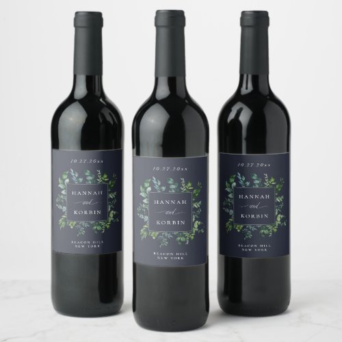 Rustic Botanical Greenery Navy Blue Wedding Wine Label