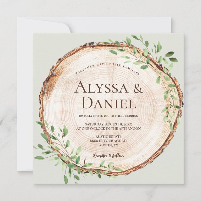 Rustic Botanical Greenery Wood cut Sage Wedding  Invitation (Front)