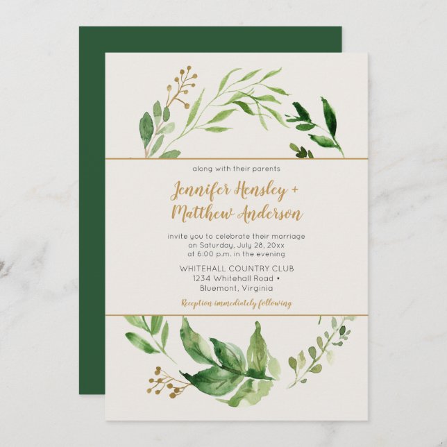 Rustic Botanical Greenery Wreath Gold Buds Wedding Invitation (Front/Back)
