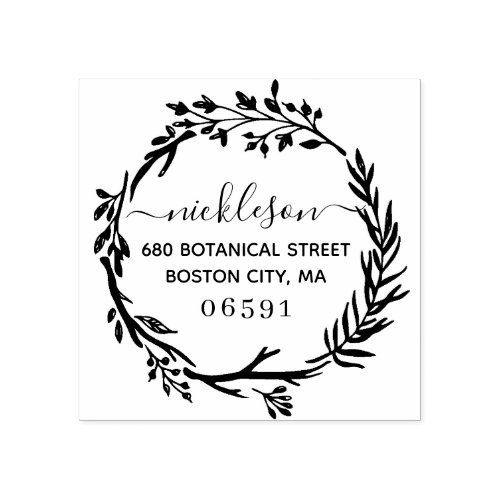 Rustic Botanical Greenery Wreath Return Address Rubber Stamp