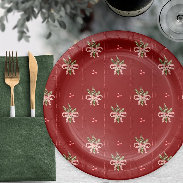 Rustic Botanical Holiday Paper Plates (Rustic Red Botanical Bows Christmas Paper Plates | Holiday Table Décor by Painted Paperie)