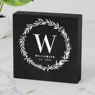 Rustic Botanical Laurel Wreath Family Monogram Wooden Box Sign